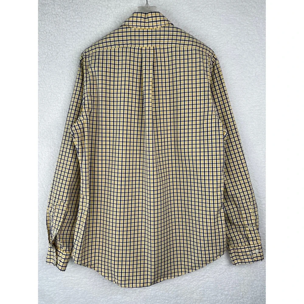 Polo Ralph Lauren Mens Custom Fit Gingham Shirt Yellow Navy Blue 16 L Long Sleev